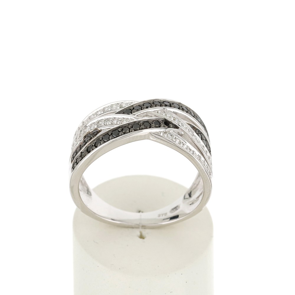 Bague or 375 blanc anneaux entrelacés diamants noirs et blancs - vue 360