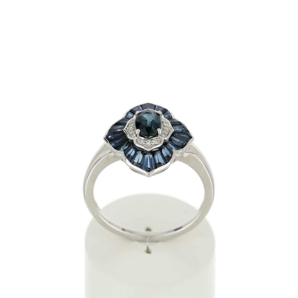 Bague or blanc 750 saphir diamant - vue 360