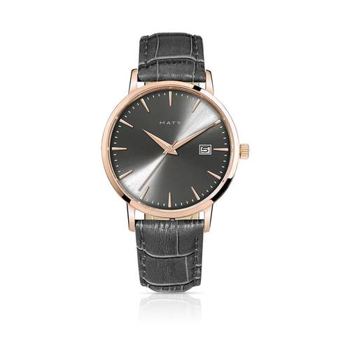 Roségoud herenhorloge met donkergrijze leren band