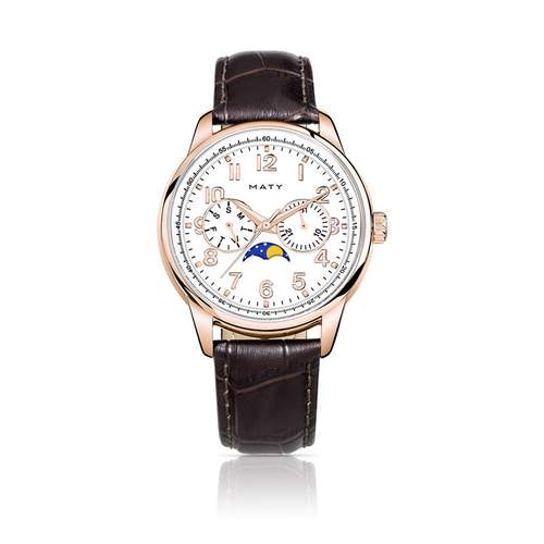 Montre homme acier doré rose bracelet cuir marron