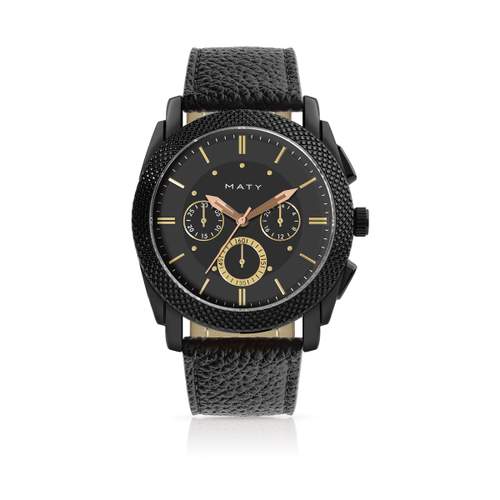 Men's watch black coating leather strap
