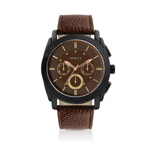Montre homme revêtement noir bracelet cuir marron