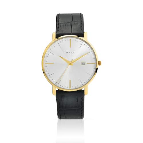Gouden herenhorloge met zwarte leren band