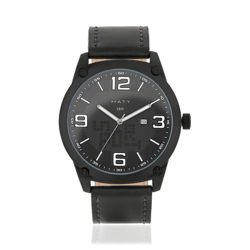 Men's watch with black leather casing and strap