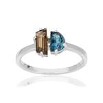 Bague MATY Or 375 blanc Topaze London Blue traitée et Quartz fumé - vue 1