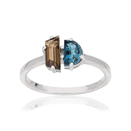 Bague MATY Or 375 blanc Topaze London Blue traitée et Quartz fumé