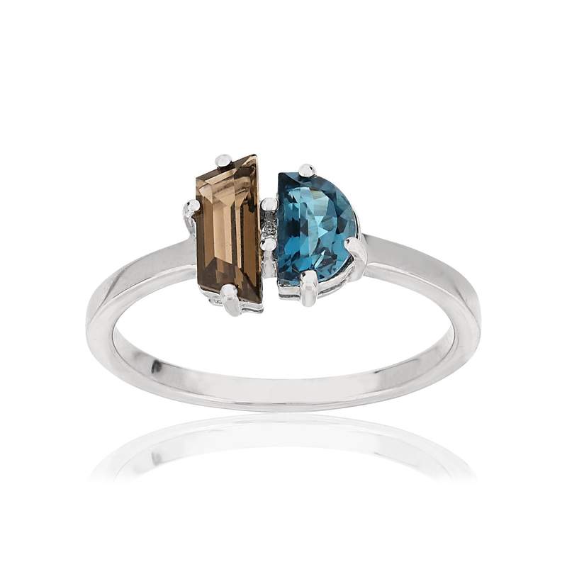 Bague MATY Or 375 blanc Topaze London Blue traitée et Quartz fumé - vue 1