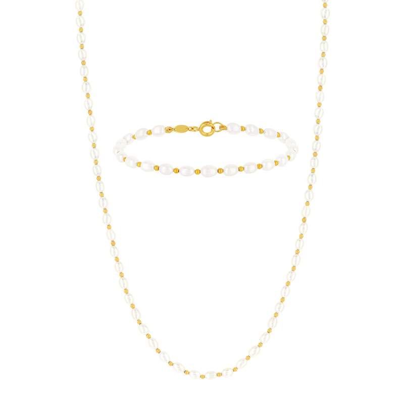 Parure or 375 perles de culture de chine collier bracelet - vue 1