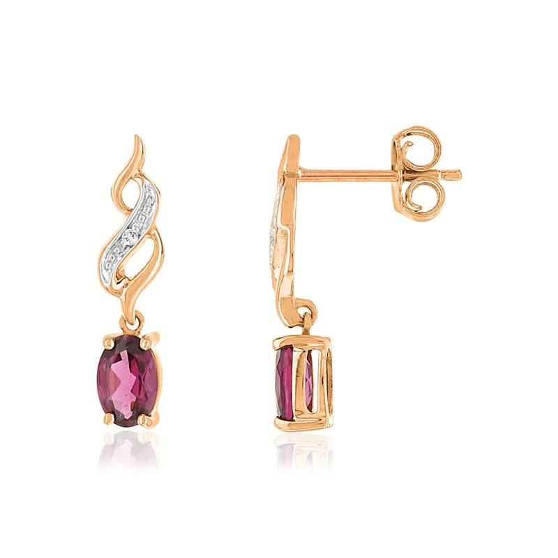 Boucles d'oreilles or 375 rose pendants diamants et grenats rhodolites pourpres - vue 1