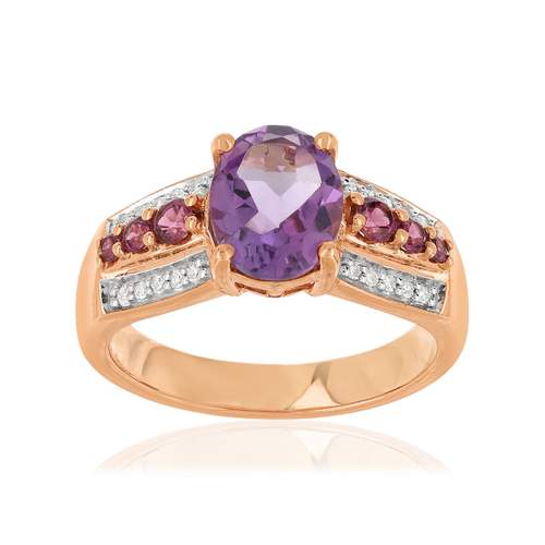 Bague or 375 2 tons diamants améthyste et grenat