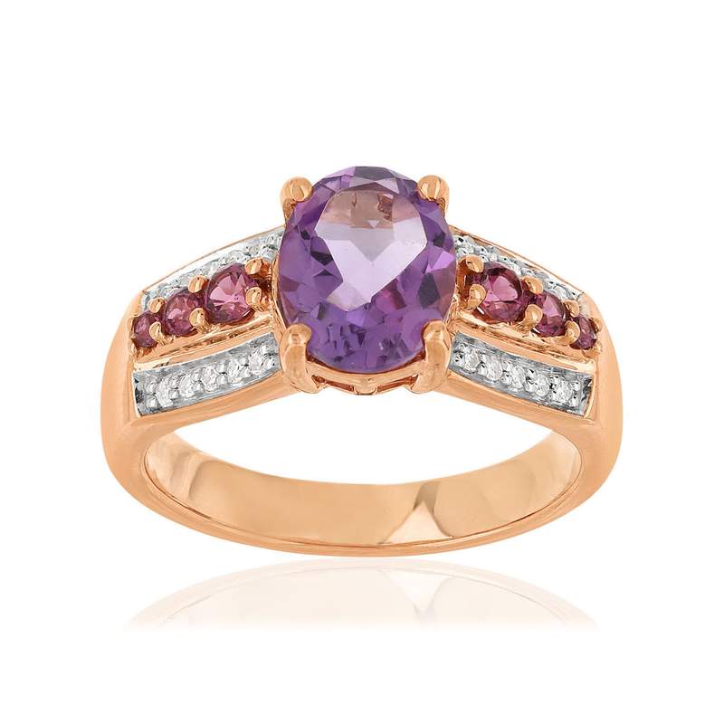 Bague or 375 2 tons diamants améthyste et grenat - vue 1