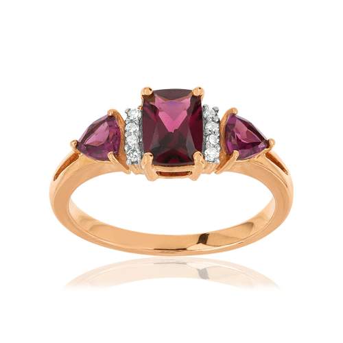 Bague or 375 rose 2 tons grenats rhodolites et diamants