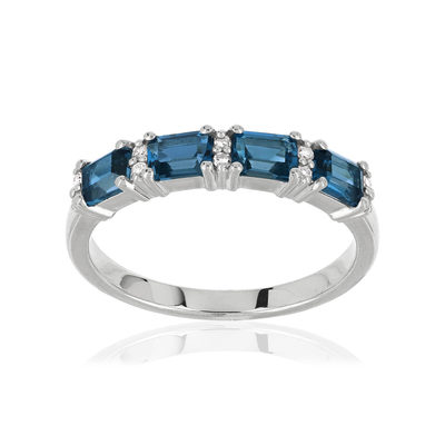 Bague or 375 blanc topazes bleues traitées rectangulaires et diamants - vue 1