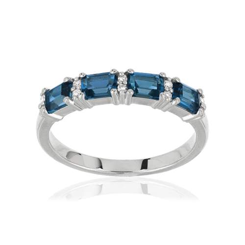 Bague or 375 blanc topazes bleues traitées rectangulaires et diamants