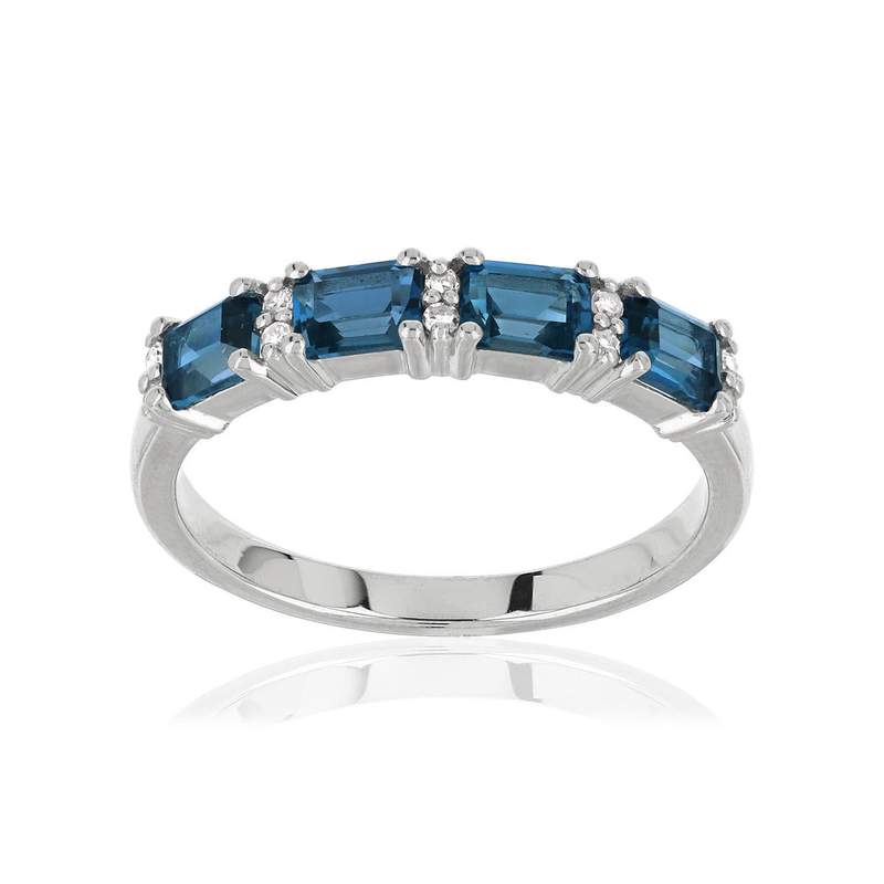 Bague or 375 blanc topazes bleues traitées rectangulaires et diamants - vue 1