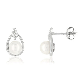 Boucles d'oreilles or 375 blanc perles de culture de Chine et diamants