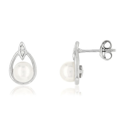 Boucles d'oreilles or 375 blanc perles de culture de Chine et diamants - vue 1