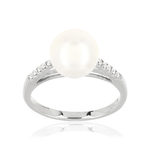 Bague or 375 blanc perle de culture de Chine et diamants - vue 1