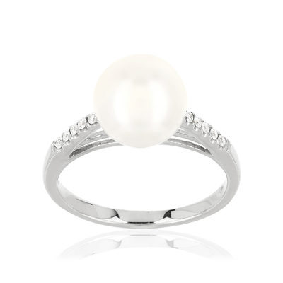 Bague or 375 blanc perle de culture de Chine et diamants - vue 1