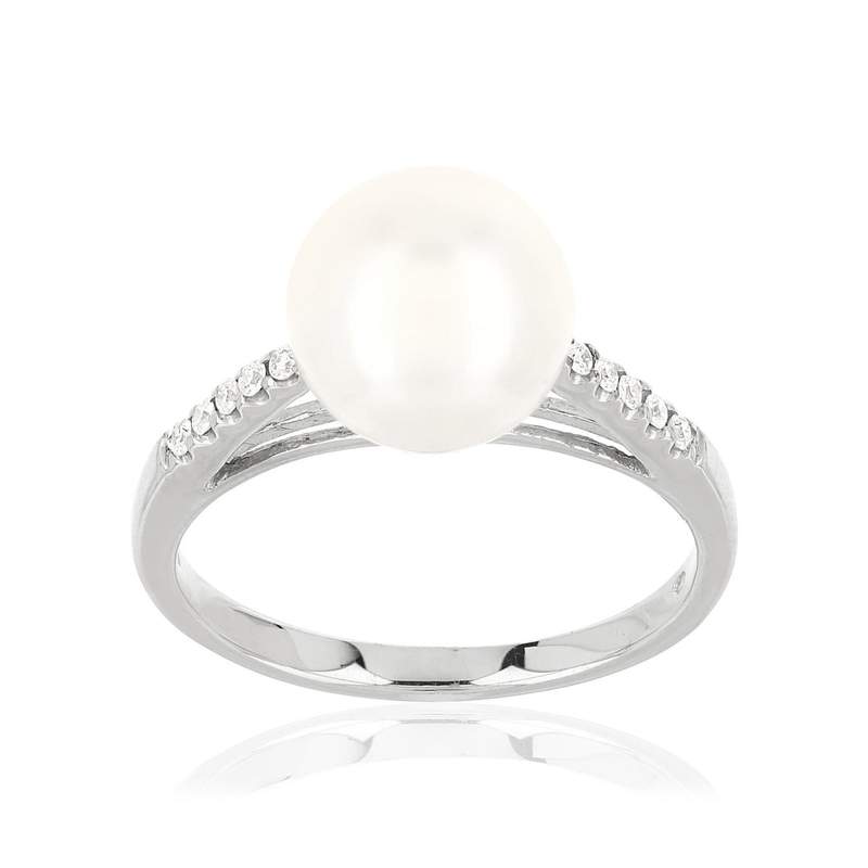 Bague or 375 blanc perle de culture de Chine et diamants - vue 1