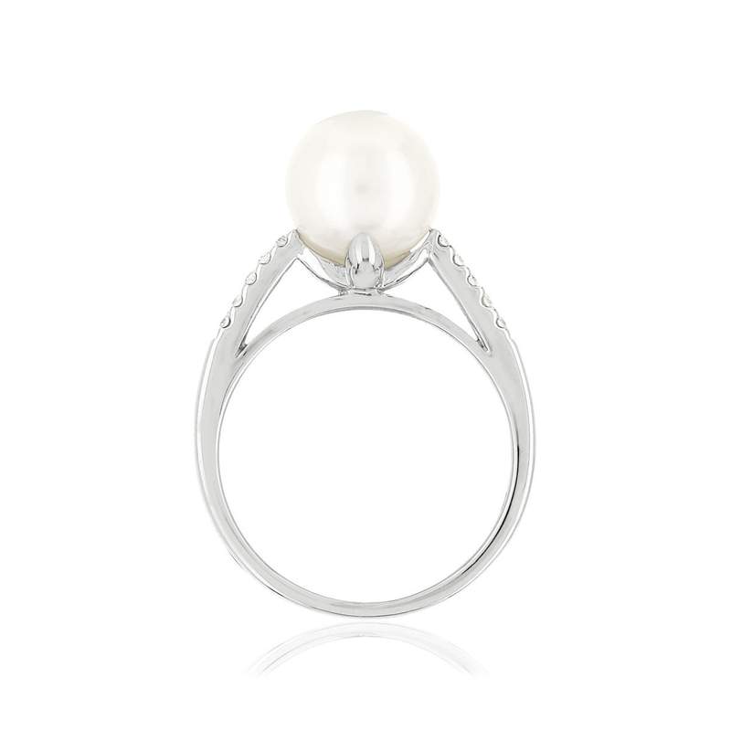 Bague or 375 blanc perle de culture de Chine et diamants - vue 2
