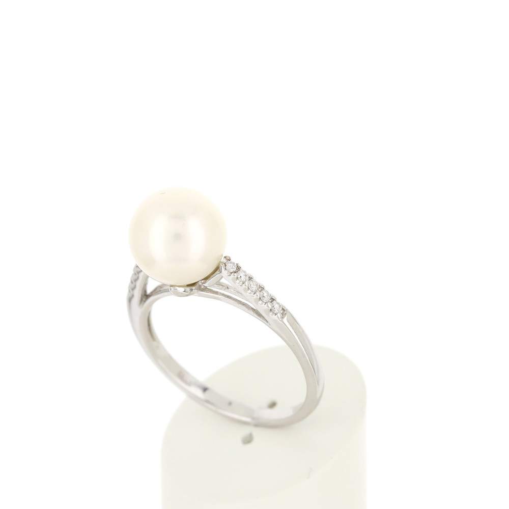 Bague or 375 blanc perle de culture de Chine et diamants - vue 3
