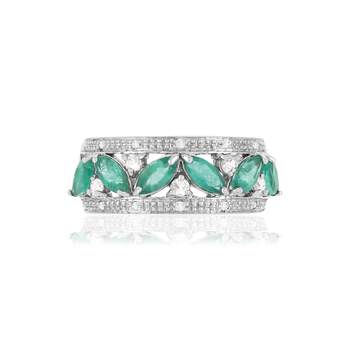 750 gouden ring met marquise geslepen smaragden, saffieren en diamanten