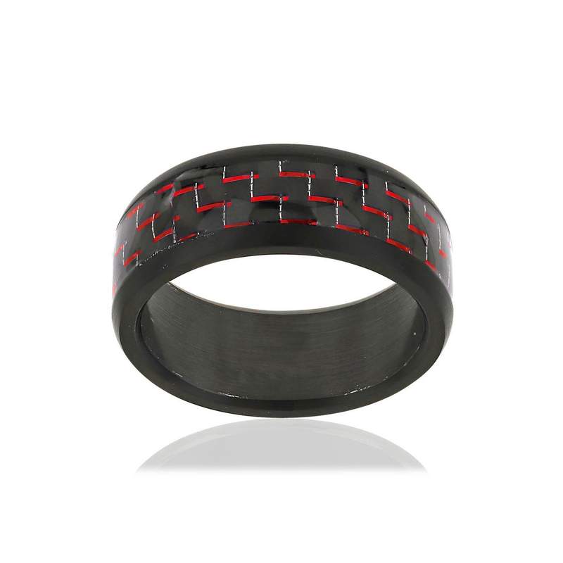 Bague acier inoxydable carbone rouge - vue 1