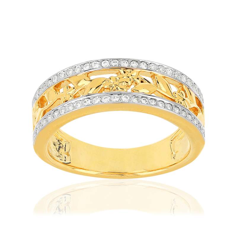 Bague plaqué or fleurs zirconias - vue 1