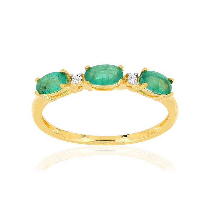 Bague or 375 jaune émeraudes ovales et diamants - vue 1