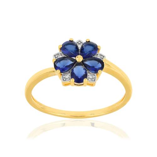 Bague or 375 2 tons fleur saphirs taille poire et diamants