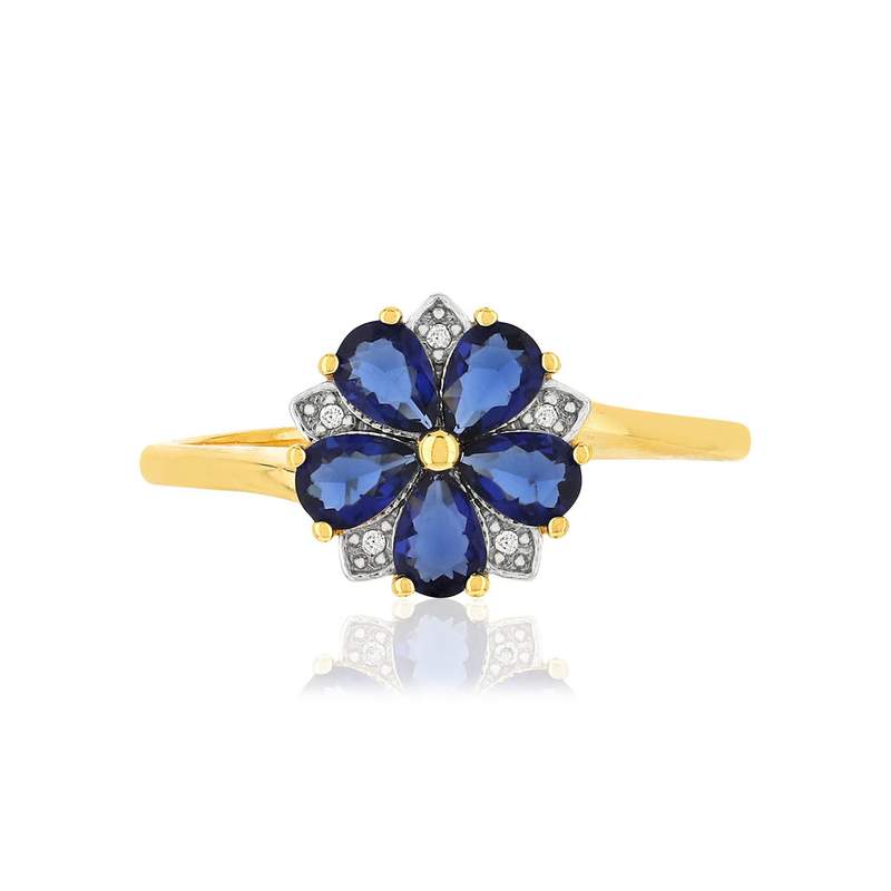 Bague or 375 2 tons fleur saphirs taille poire et diamants - vue 3