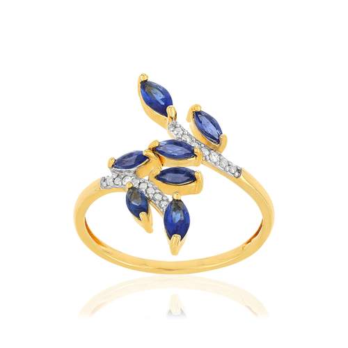 Bague or 375 2 tons feuilles saphirs taille marquise et diamants