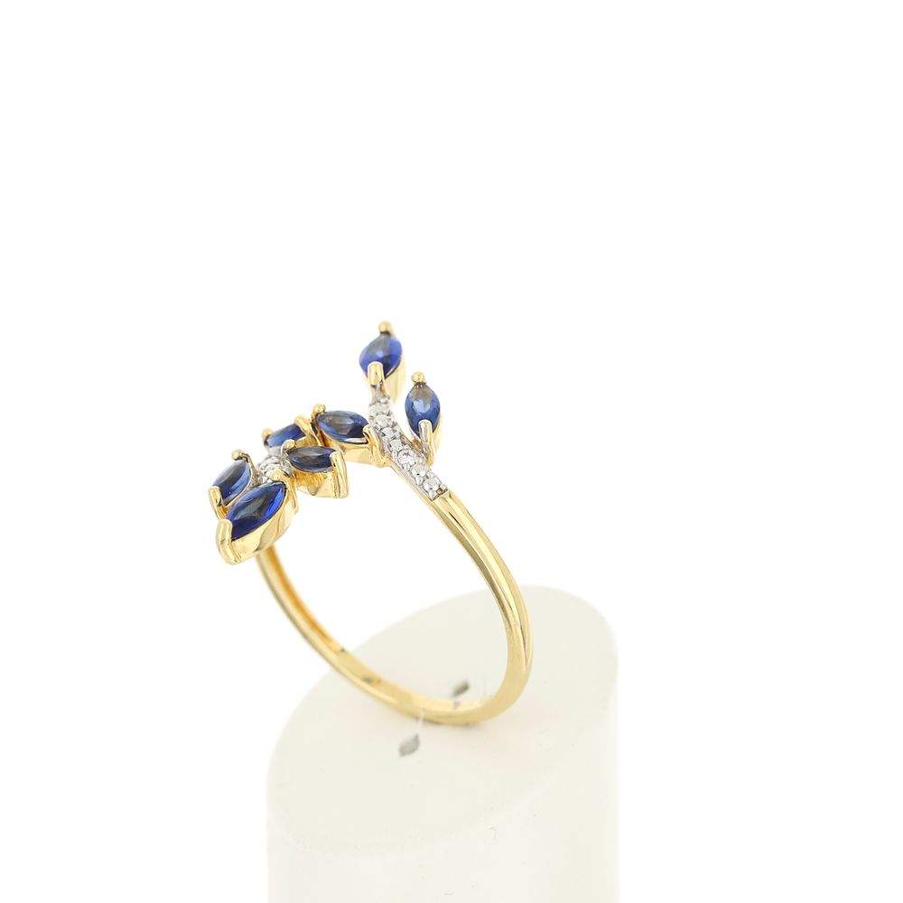Bague or 375 2 tons feuilles saphirs taille marquise et diamants - vue 3