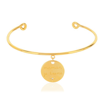 Bracelet jonc plaqué or ouvert médaille'maman je t'aime' zirconia