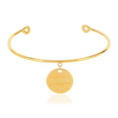 Bracelet jonc plaqué or ouvert médaille'maman je t'aime' zirconia - vue 1