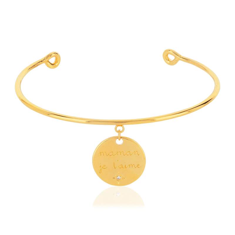 Bracelet jonc plaqué or ouvert médaille'maman je t'aime' zirconia - vue 1