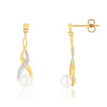 Boucles d'oreilles or 375 jaune pendants entrelacées perles de culture de Chine et diamants - vue 1