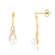 Boucles d'oreilles or 375 jaune pendants entrelacées perles de culture de Chine et diamants