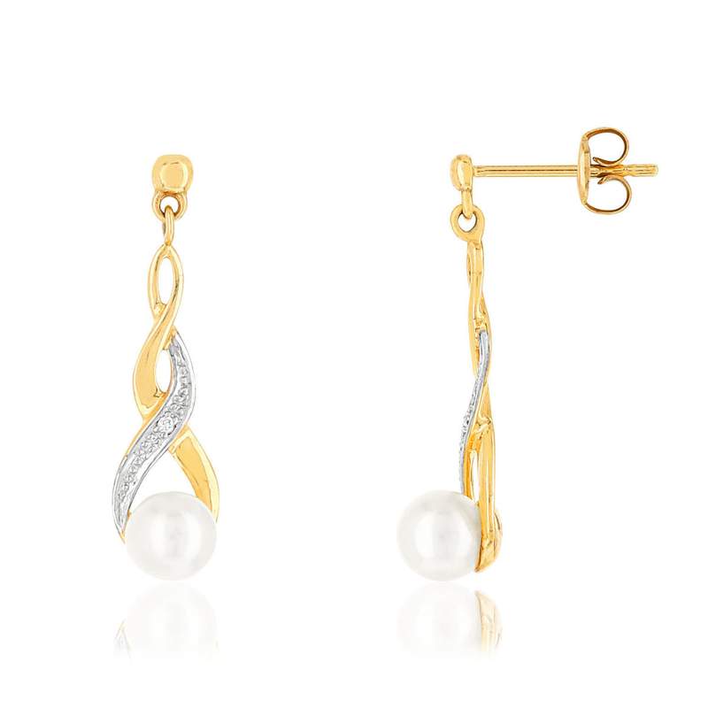 Boucles d'oreilles or 375 jaune pendants entrelacées perles de culture de Chine et diamants - vue 1