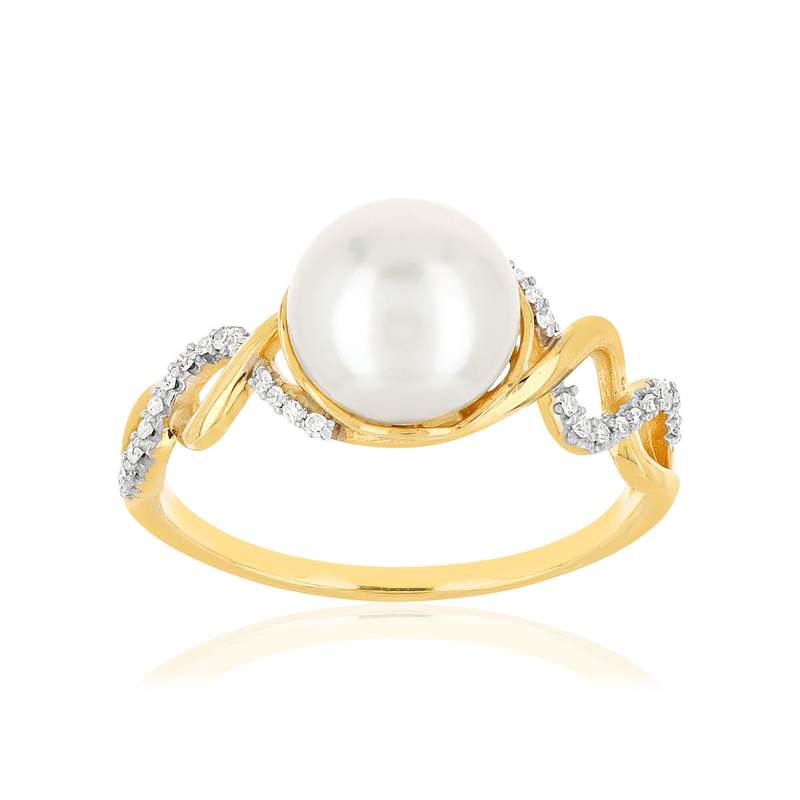 Bague or 375 2 tons torsadée perle de culture de Chine et diamants - vue 1
