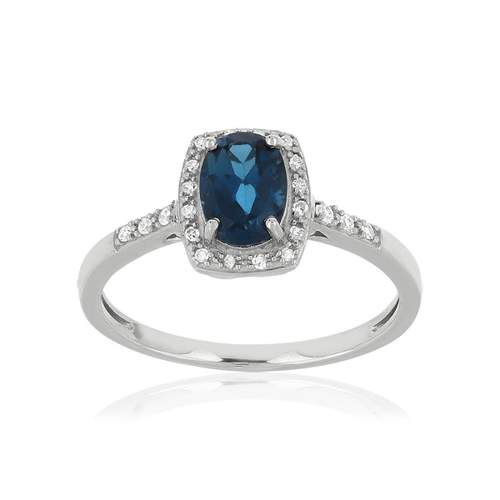 Bague or 375 blanc rectangulaire topaze traitée et diamants