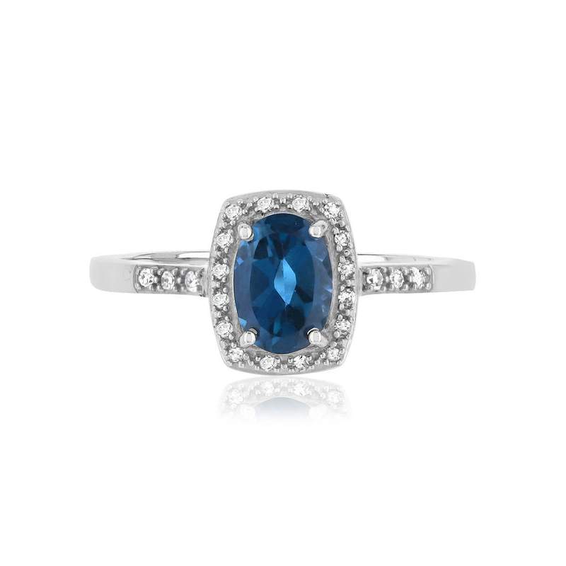 Bague or 375 blanc rectangulaire topaze traitée et diamants - vue 3