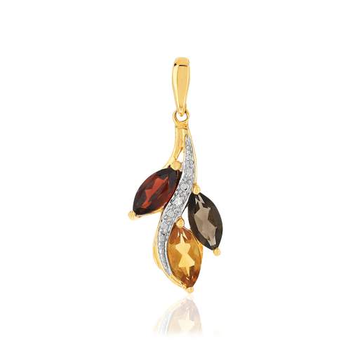 Pendentif or 375 2 tons feuille pierres fines taille marquise et diamant
