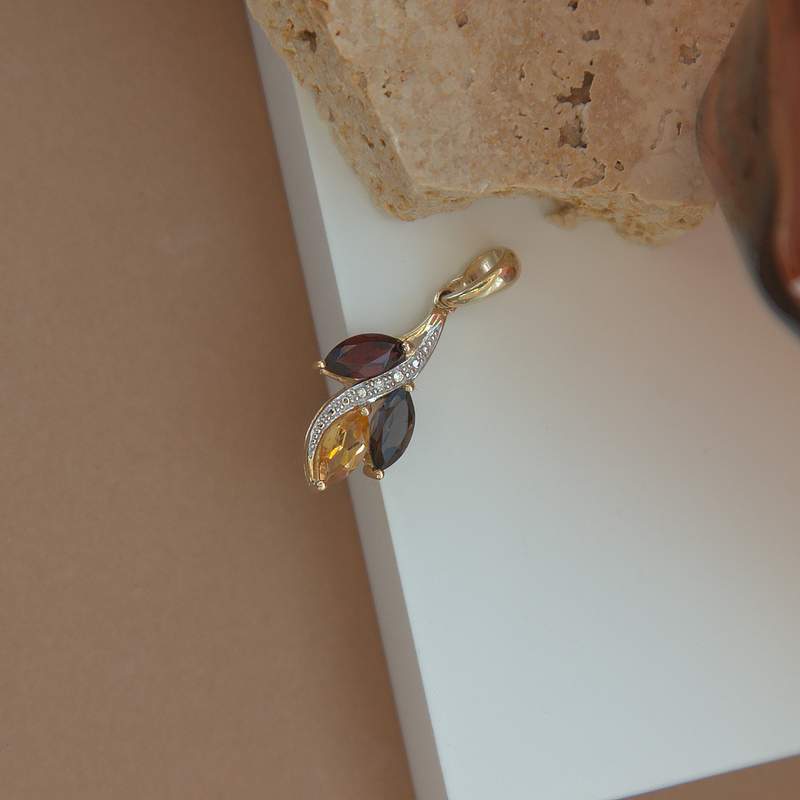 Pendentif or 375 2 tons feuille pierres fines taille marquise et diamant - vue D1