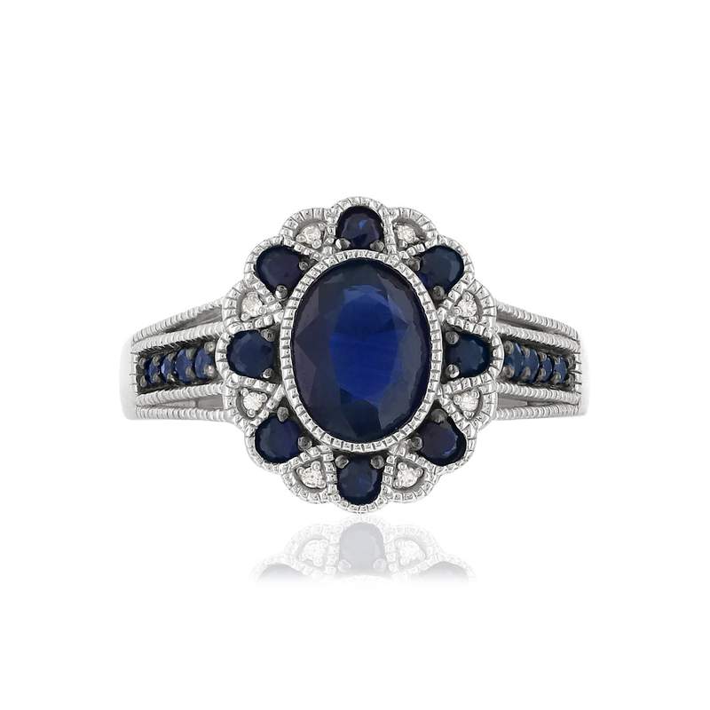 Bague or 750 blanc fleur saphirs et diamants - vue 3