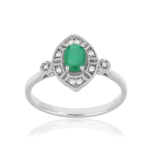 Bague or 750 blanc émeraude ovale et diamants