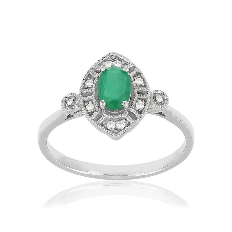 Bague or 750 blanc émeraude ovale et diamants - vue 1