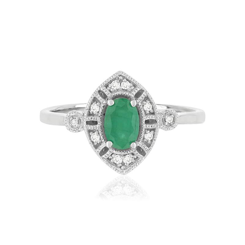 Bague or 750 blanc émeraude ovale et diamants - vue 3