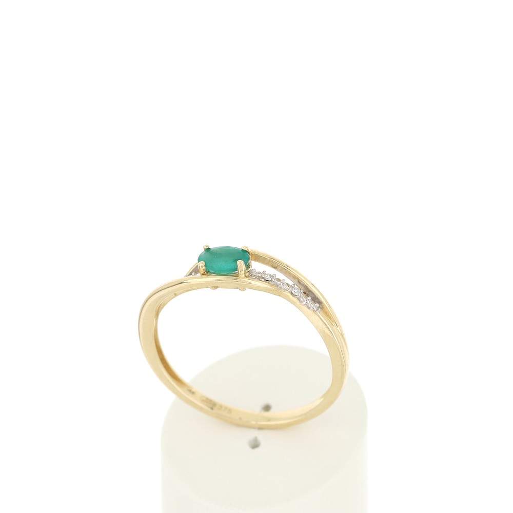 Bague or 750 jaune émeraude ovale et diamants - vue 2